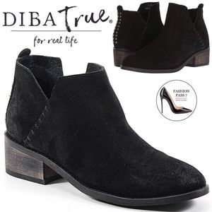 Diba True Vio Lyn black suede leather block heel almond toe ankle boots booties
